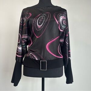 Y2K Black Satin Blouse with Rhinestone Embellishments & Statement Buckle